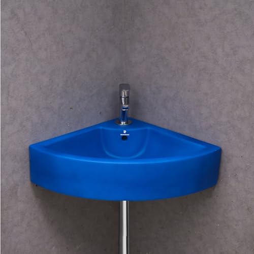 Image of REMANENCE Ceramic Wall Hung Corner Wash Basin for Bathroom | Wall Mounted Corner Sink (20.4 x 15 x 6 Inch) (Blue)