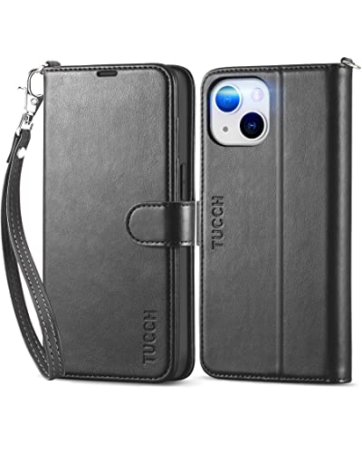 TUCCH Case for iPhone 14 (6.1") 2022 5G, Magnetic PU Leather Wallet Case with Wrist Strap, RFID Blocking Protection