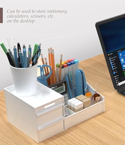 Image of Shuttle Art Office Desk Organizer with Drawer, All in One Office Supplies and Cool Desk Accessories Pen Holder, Enhance Your Decor, Desktop 8-Compartment Laddered Desk Organizer(White)