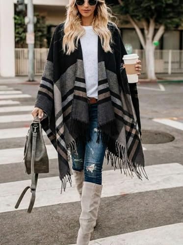 Image of Bestshe Women's Boho Open Front Poncho Plaid Shawl Wrap Cape | Tassel Cardigan Sweater, Cozy Layering, Fall Winter Clothes for Women