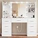 FIONESO Vanity Desk with LED Light Mirror & Power Outlet, 3 Adjustable Light Color, Makeup Vanity with 7 Drawers, 4 Shelves, 5 Jewel Hooks, White Vanity for Bedroom, Girls Vanity