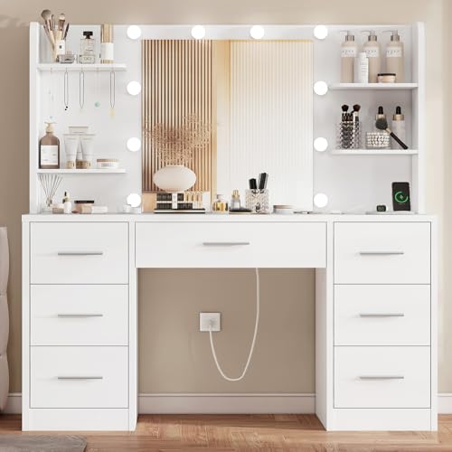 Image of FIONESO Vanity Desk with LED Light Mirror & Power Outlet, 3 Adjustable Light Color, Makeup Vanity with 7 Drawers, 4 Shelves, 5 Jewel Hooks, White Vanity for Bedroom, Girls Vanity
