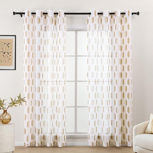 L.Z.E Vorhänge Braun Weiß, Gardinen für Wohnzimmer, Vorhang Braun Weiss für Schlafzimmer, 145 cm Fallhöhe, mit Ösen, Transparent, Geometrisches Muster, 2er Set Gardinenschal Ösenschal (LZE2237E-BR145) L.Z.E Vorhänge Braun Weiß, Gardinen für Wohnzimmer, Vorhang Braun Weiss für Schlafzimmer, 145 cm Fallhöhe, mit Ösen, Transparent, Geometrisches Muster, 2er Set Gardinenschal Ösenschal (LZE2237E-BR145)
