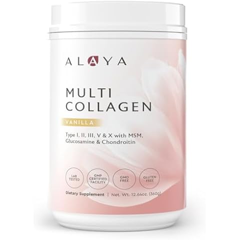 Alaya Multi Collagen Powder - Type I, II, III, V, X Hydrolyzed Collagen Peptides Protein Powder Supplement with MSM + GC (Vanilla) Cover