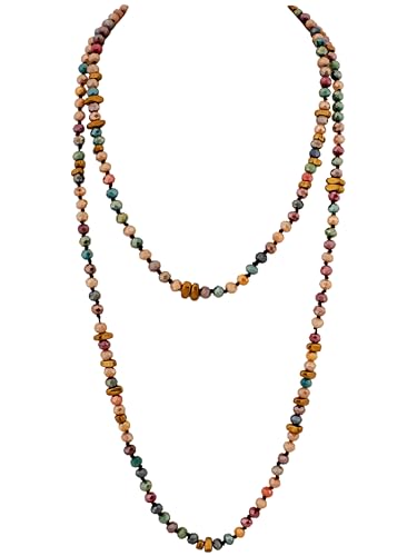 MINACHI Colorful Irregular Beaded Long Necklace, Coated Reflective Glass Beads, Bohemian Vintage Chunky Costume Jewelry for Women