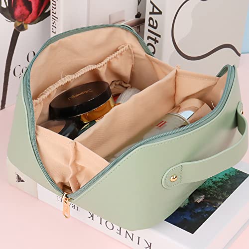 Hoyofo Pu Makeup Bag Large Capacity Women Cosmetic Bag With Handle And Dividers Travel Makeup Accessories Organizer, Matcha Green #TOP1