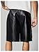 OYOANGLE Men's PU Leather Flap Pocket Cargo Shorts Loose Fit Elastic Waist Wide Leg Shorts Streetwear Black Medium