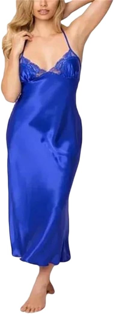 Womens Satin Silk Nightgown Spaghetti Strap Lace Detail Long Sleep Dress Lightweight Lounge Wear