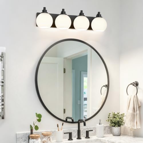IZORRO Bathroom Light Fixtures, 4-Light Matte Black Vanity Light, Modern Wall Sconces with Globe Milk White Glass Shade, Vanity Lighting Fixtures Over Mirror,E26 Bulb Socket by IZORRO - Used condition - Image 3