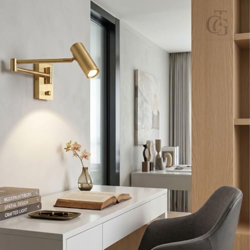 Image of Modern Wall Spotlight with Adjustable Rocker Arm and Built-in Switch Wall Fixture for Bedside-Warm White|Electroplated