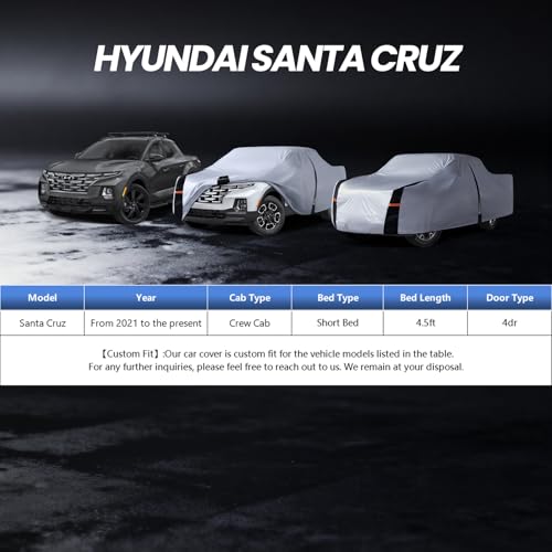 Image of Multi-Layer Hyundai Santa Cruz Truck Cover, Custom fit Santa Cruz 2021-2026 Crew Cab Short Bed(4.3') Car Cover Waterproof All Weather, Full Exterior Cover Rain Wind and UV Protection with Door Zipper