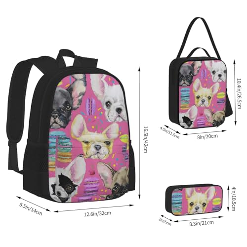 Animal Dog French Bulldog Print 3 Piece Set Backpack, Lunch Bag, Pencil Case, Cute Sturdy For College And Travel4