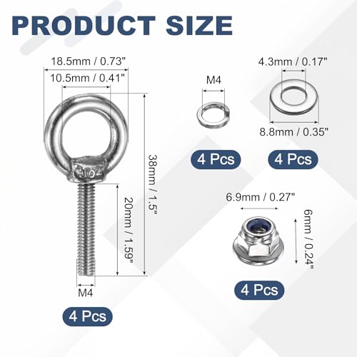 Image of PATIKIL M4 x 20mm Shoulder Eye Bolt, 4 Pcs 304 Stainless Steel Lifting Ring Threaded Eye Bolt with Flange Lock Nuts Spring and Flat Washers for Hanging Tie Down Straps Outdoor Indoor
