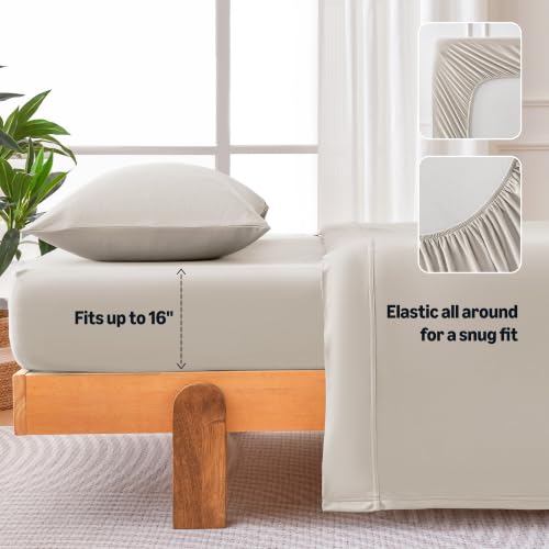 Image of Amazon Basics Jersey Knit 3-Piece Sheet Set, Wrinkle Resistant and Easy Fit, Includes 16 inch Deep Pocket Fitted Sheet, 1 Flat Sheet and 1 Pillowcase, Twin, Beige