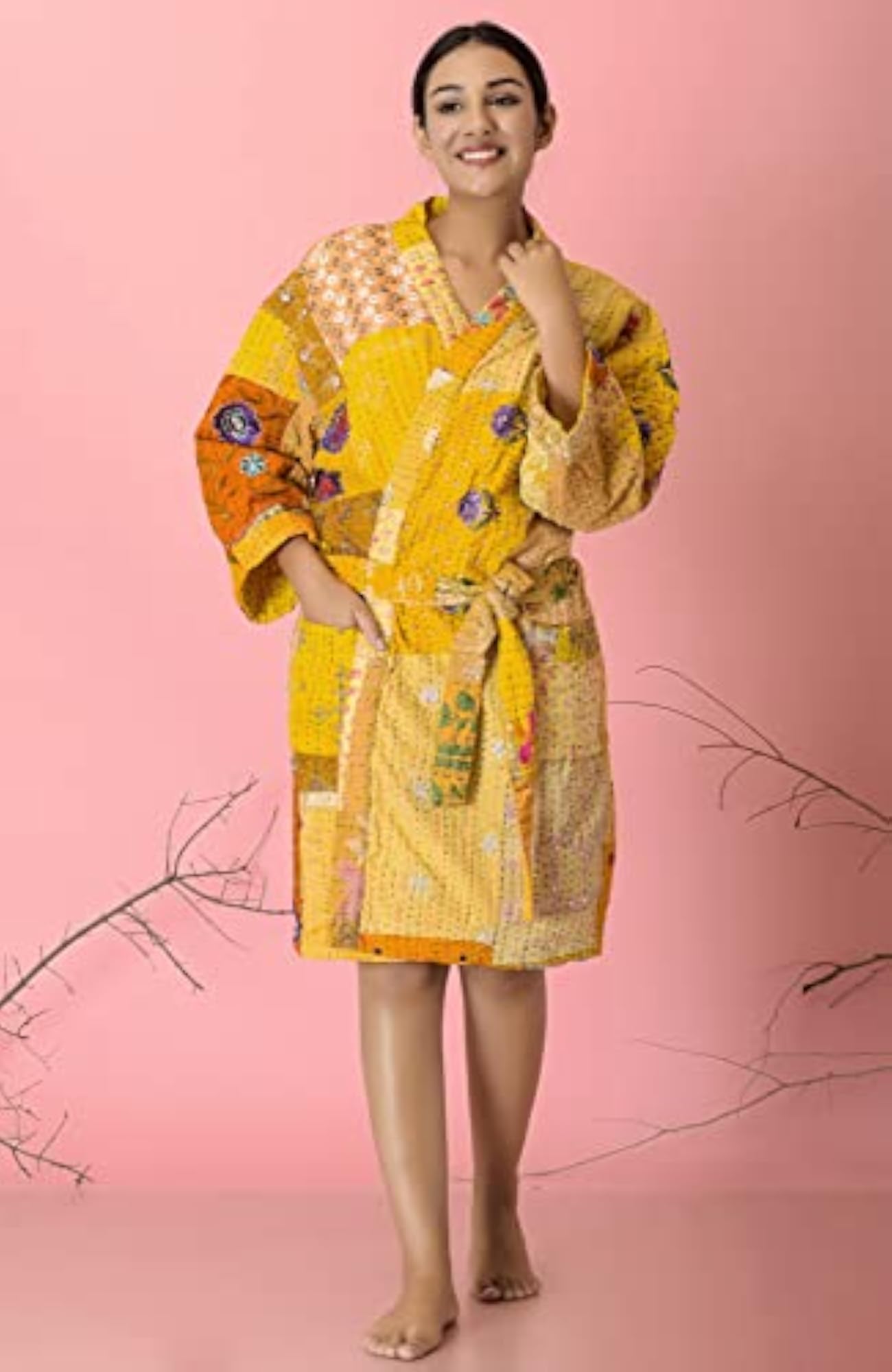 Khambadiya Silk Women's Nightdress, Hand Kantha Patchwork