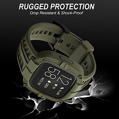 Gelishi Compatible For Fitbit Versa 2 Bands With Case, Men Protective Case Band Rugged Sport Wristbands Strap For Fitbit Versa 2 Smartwatch - Army Green #TOP1