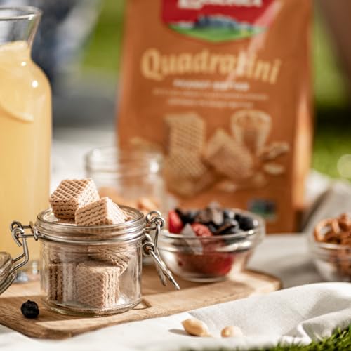 Image of Loacker Quadratini Peanut Butter bite-size Wafer Cookies - 30% Less Sugar - Premium Crispy Wafers with Peanut Butter cream filling - great for snacks & desserts- Non GMO - LARGE Snack Bag 250g /8.82oz