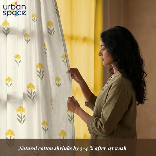 Image of Urban Space Printed 100% Cotton Curtains for Window, Combo Set of 3 Curtains 5 Feet, Tieback & Eyelets Included with Curtains for Home Decor (Aster Yellow and Aura Yellow, 5 Feet)