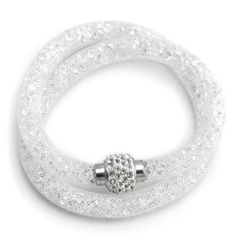 Preisvergleich Produktbild Damen-Armband Netzschlauch weiss zweireihig Glitzerkristallen u. Shamballa Kugel Netzoptik Armband