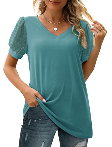 Image of Aokosor Womens Summer Tops V Neck T Shirts Swiss Dot Puff Sleeve Tops Loose Casual Tshirts