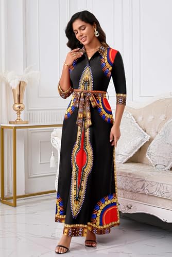 Image of Runwind Women Church Maxi Dresses 3 /4 Sleeve Button Down Print Casual Office Dress African