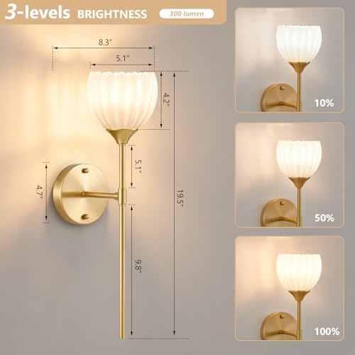 Image of Vintage Battery Operated Wall Sconce Set of 2, White Tulip Glass Lampshade Wireless 5300 mAh Rechargeable Battery Powered LED Wall Light with Remote Dimmable for Bedroom Bathroom Living Room