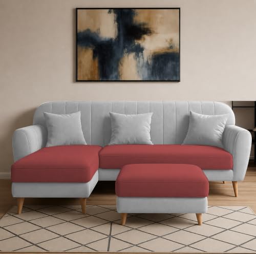 Image of Atticus LHS 4 Seater L Shape Sofa Set with Ottoman for Living Room (Maroon Grey Fabric) Premium Fabric Sofa Set