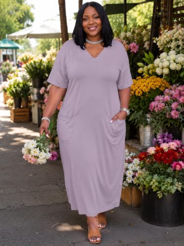 Image of Plus Size Maxi Dress for Women Short Sleeve V Neck Casual Loose Sundress with Pockets