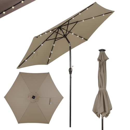 GOPLUS Parasol Déporté 1,5W en Fer et en Polyerster,Parasol de Jardin avec 6 Baleines et 18 Lampes à LED pour Plage,Café,Balcon,Imperméable et Inclinable-Beige/Rouge/Brun-2,7m (Brun)