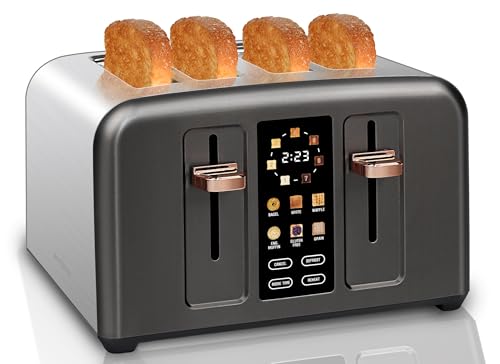 Image of SEEDEEM Toaster 4 Slice, Stainless Toaster & Touch Control, LCD Display, 6 Bread Type, 7 Shade Settings, 1.5'' Wide Slots, Cancel /Defrost /Reheat, Removable Crumb Tray, 1800W, Dark Metallic