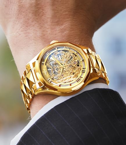 Image of OUPINKE Automatic Watch for Men Self Winding Skeleton Mechanical Luxury Tungsten Steel Bracelet Waterproof Date Day Wrist Watches