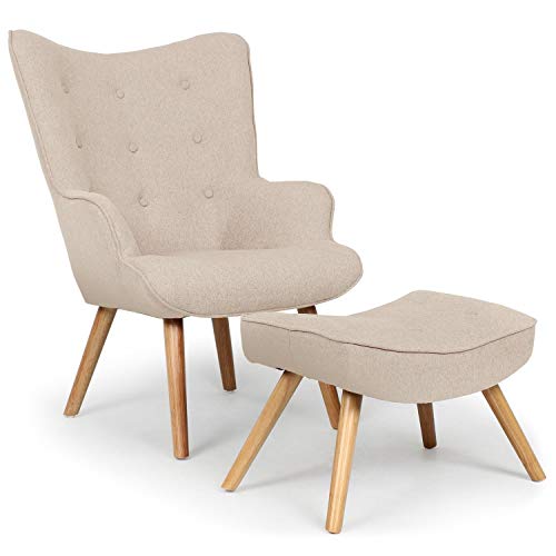 Menzzo Fauteuil Scandinave Beige avec Pouf Repose Pied Salon - Style Nordique Moderne - Confort...
