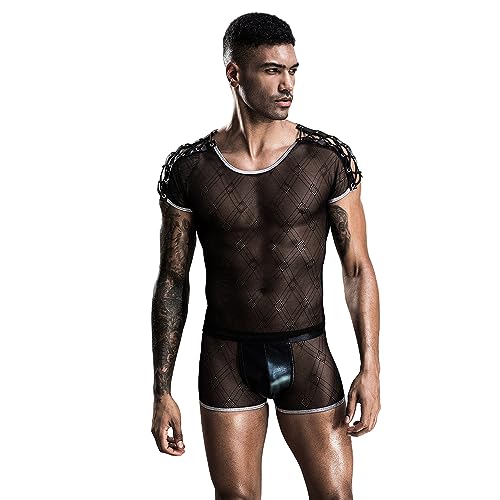 Costume Halloween lingerie érotique homme en cuir PU et mesh pour rave party