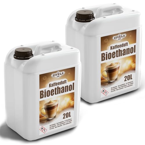 Bioetanol 96,6% 40L | Bio Alcohol Café Aroma 96,6% 2x20L | Bioetanol para Chimenea, Chimenea de mesa, Chimenea de Bioetanol | Aroma de café de bioetanol | Combustión limpia, sin humo, llama viva y