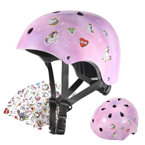 FYHART Verstellbarer Kinder Fahrradhelm mit Aufklebern, Schutzausrüstung Helm für Mädchen Kinder Kleine Kinder Jugend für Fahrrad Skateboarding Roller Inline Skating (Stern & Rosa, S)