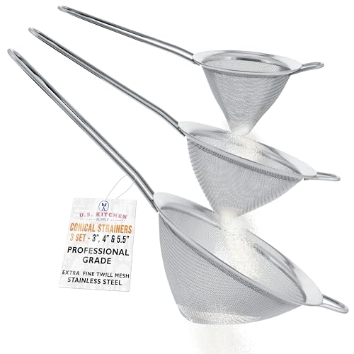 U.S. Kitchen Supply - Set of 3 Extra Fine Twill Mesh Stainless Steel Conical Strainers - 3", 4" and 5.5" Sizes - Chinois to Sift, Strain, Drain and Rinse Vegetables, Pastas & Teas
