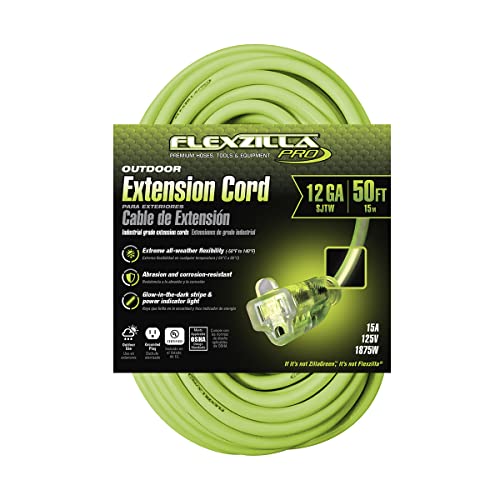 Image of Flexzilla Pro Extension Cord, 12 /3 AWG SJTW, 50 ft, Lighted Plug, Indoor /Outdoor, ZillaGreen - 721-123050FZL5F