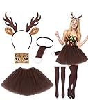 Yotako 5 PCS Reindeer Costume Adult, Deer Costumes with Reindeer Antler Headband, Deer Face Sticker, Tail Tutu Skirt, Stockings, Christmas Fancy Dress Outfits for Women Girls Gift