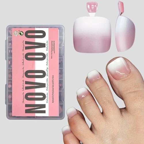 NOVO OVO Fake Toe Nail Tips Press on, French Tip Soft Gel Toenail Extension, BERRY OMBRE Square Round Pre-applied Tip Primer & Base Coat, Full Cover Matte False Nails for DIY x 15 Sizes 360Pcs