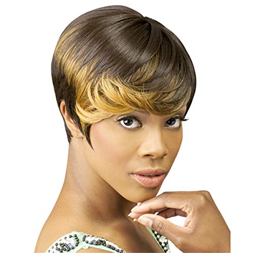 DEYSSNE Natural Curly Afro Wigs for Black Women Blonde Ombre Brown Heat Resistant Synthetic Short Hair Wig with Bangs