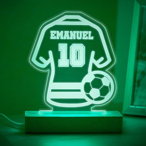 Transparent Gift Lámpara Personalizada Fútbol. Regalos Originales Cumpleaños Infantiles, Niños. Diseño con Nombre y Número de Metacrilato y Madera