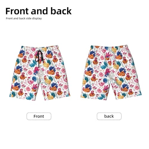 Pink Rooster Chicken and Flowers Teen Boys Swim Trunks Quick Dry Shorts Summer Beach Shorts for Big Boys2