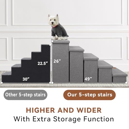 Image of Zerbuger Dog Stairs for High Beds, Folding Pet Stairs Gift for Dogs Puppy with Storage for Bed Couch, Cat Dog Ramp Hold Up to 200 lbs (Gray, 5 Steps No Condo(49 inch D x 17 inch W x 26 inch H))