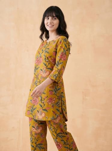 Image of Bee M Pee Designer Trendy Floral Printed Cotton Kurta Coord Sets for Women | Stylish Casual Tunic Kurti Set with Pant for Woman for Office