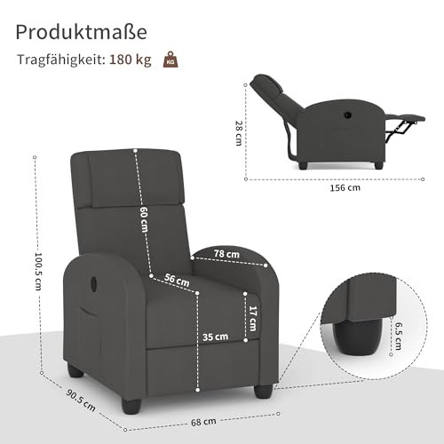 FiveWillowise Fernsehsessel Ruhesessel Relaxsessel mit Verstellbarer Beinablage und Verstellbarer Rückenlehne bis 140°, Einzelsofa, Liegesessel, TV Sessel mit Liegefunktion, Dunkelgrau – Bild 3