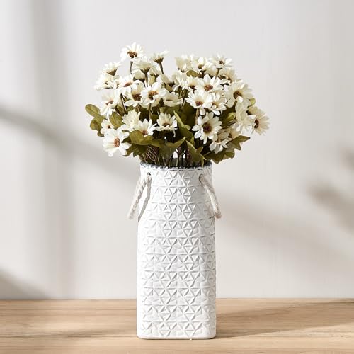 Vaseking Elegant White Petite Vase, 8.66 inch Ceramic Modern Minimalism Geometric Texture Purse Vase with Hanging Rope, Creative Tote Bag Vases for Home Decor, Living Room, Wedding, Bookshelf Decor