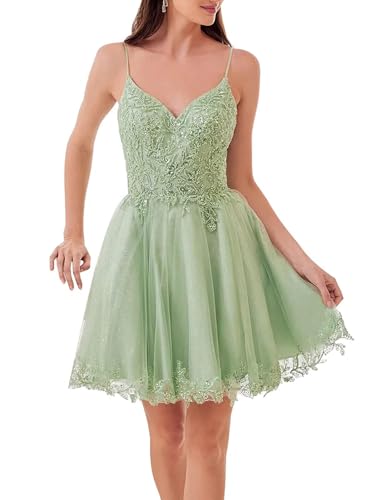 LECOYOYO Tul Vestidos de Noche para Adolescentes Cortas Cintas de Espagueti Encaje Vestidos de Fiesta Mini Vestidos, menta, 40