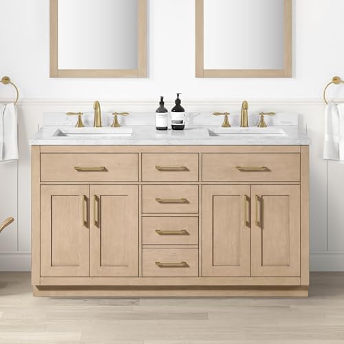 Image of OVE Decors Athea 60 in. Double Sink Freestanding Sahara Birch Bathroom Vanity with White Engineered Marble Top, Matching Backsplash, Power Bar and Brushed Gold Hardware