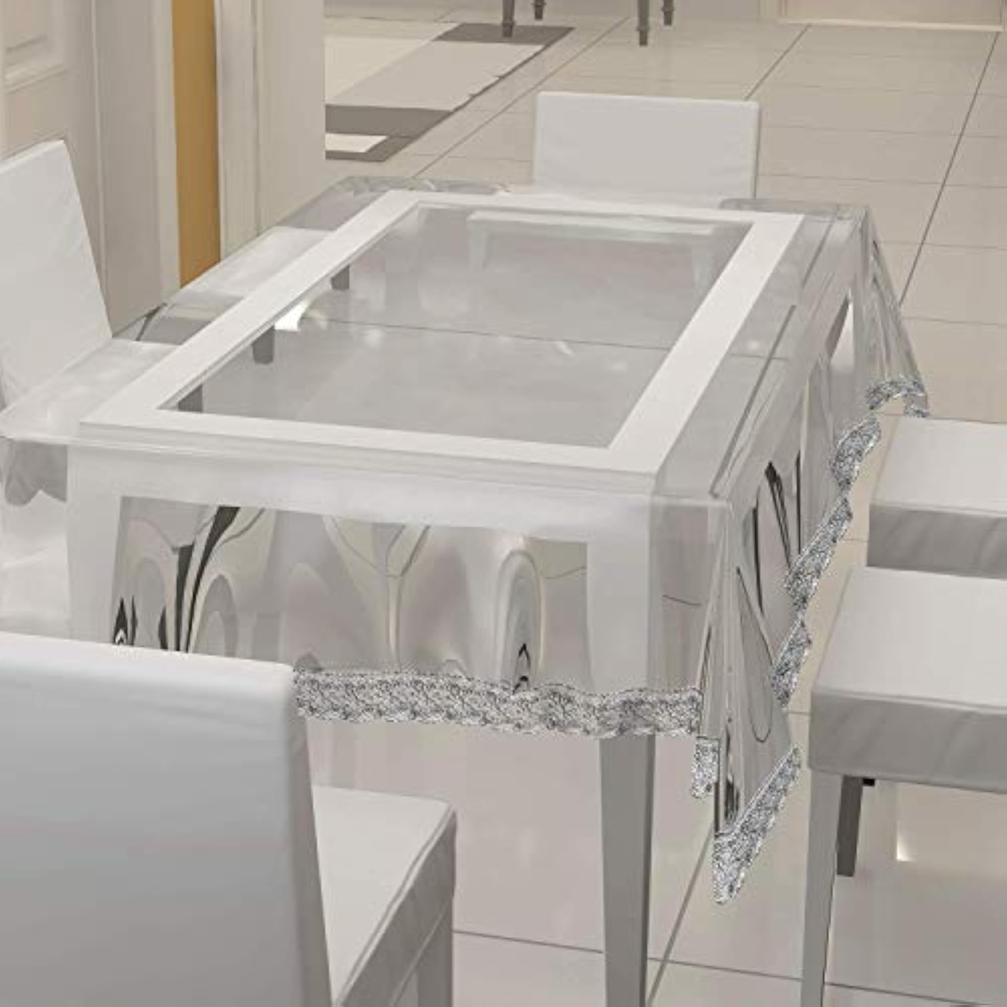 PVC 8 Seater Transparent Table Cover with Silver Lace