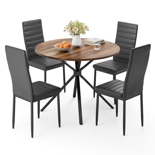 Xbro Ensemble Table à Manger et 4 Chaises, Table Ronde 100cm et 4 chaises Rembourrées, Idéal pour Les Petits Espaces, Marron